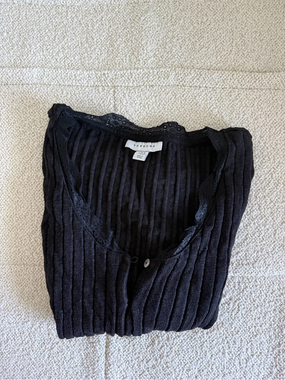 Topshop Black Ribbed Lace-Trim Button Cardigan